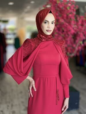 Kenzel Kırmızı Taşlı Saten Tesettür Abiye Elbise (KENZEL2104)