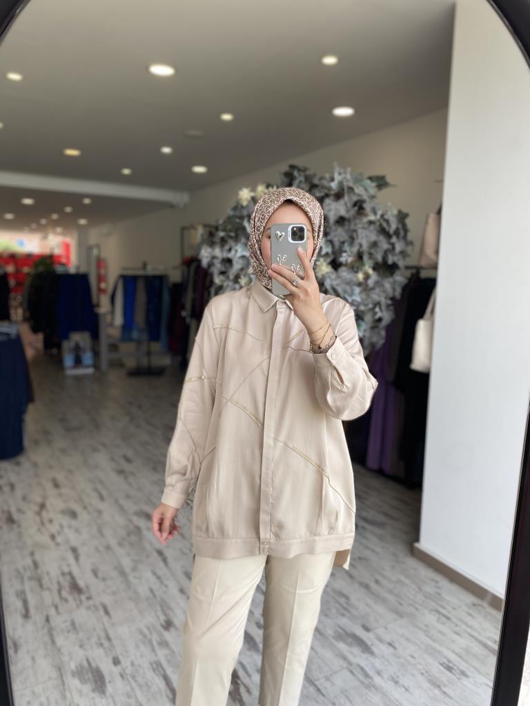 Tığ Triko Gizli Patlı Nervürlü Boncuk İşlemeli Gömlek GML3079 BEJ - 3