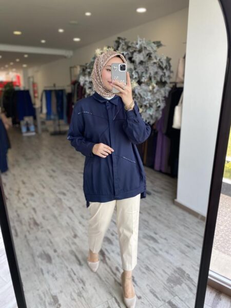 Tığ Triko Gizli Patlı Nervürlü Boncuk İşlemeli Gömlek GML3079 LACİ - 1