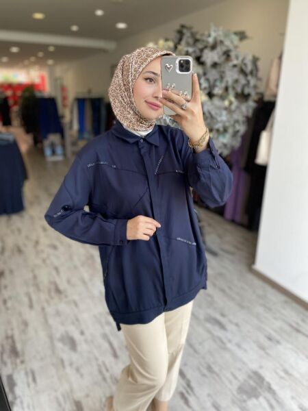 Tığ Triko Gizli Patlı Nervürlü Boncuk İşlemeli Gömlek GML3079 LACİ - 1