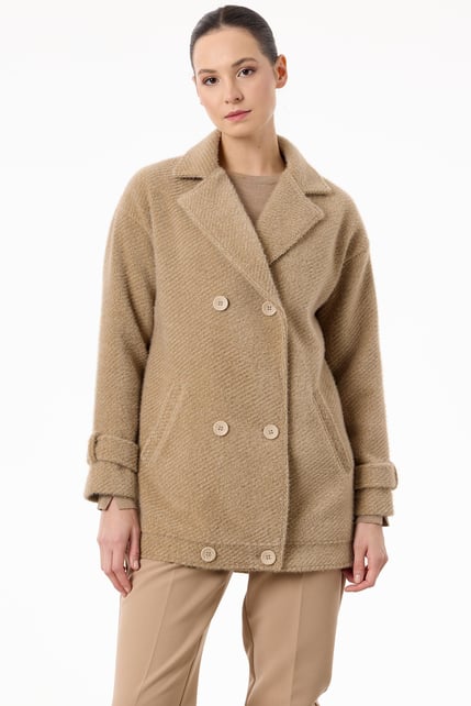 Tığ Triko Manşetleri Apoletli Kruvaze Kaban KBN2017 CAMEL - 1