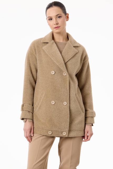 Tığ Triko Manşetleri Apoletli Kruvaze Kaban KBN2017 CAMEL - 1