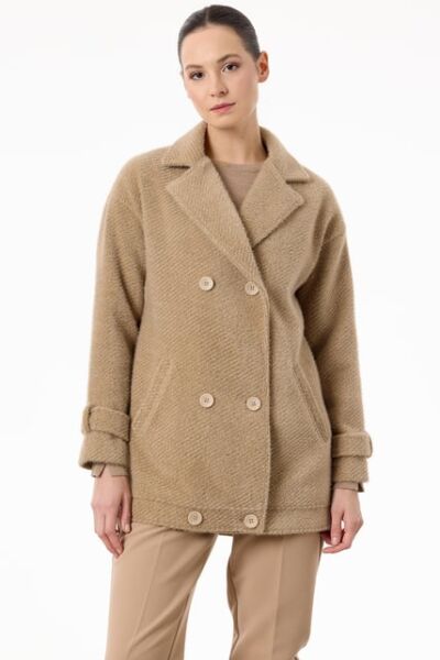 Tığ Triko Manşetleri Apoletli Kruvaze Kaban KBN2017 CAMEL - 1