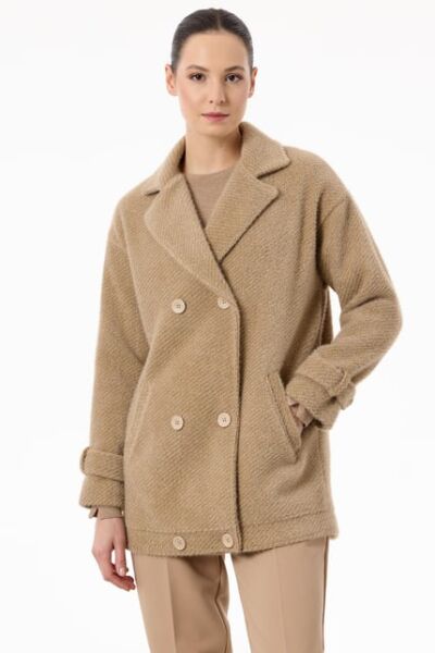 Tığ Triko Manşetleri Apoletli Kruvaze Kaban KBN2017 CAMEL - 1