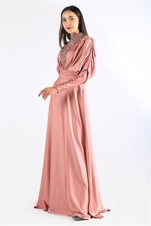 Kenzel Taşlı Somon Saten Tesettür Abiye (KENZEL1102)