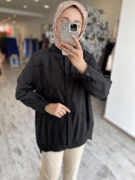 Tığ Triko Gizli Patlı Nervürlü Boncuk İşlemeli Gömlek GML3079 SİYAH - 2