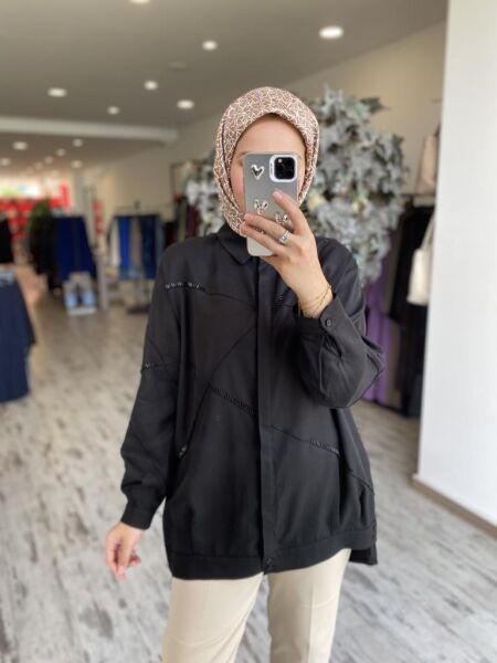 Tığ Triko Gizli Patlı Nervürlü Boncuk İşlemeli Gömlek GML3079 SİYAH - 3