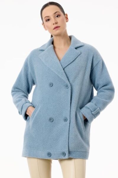 Tığ Triko Manşetleri Apoletli Kruvaze Kaban KBN2017 MAVİ - 1