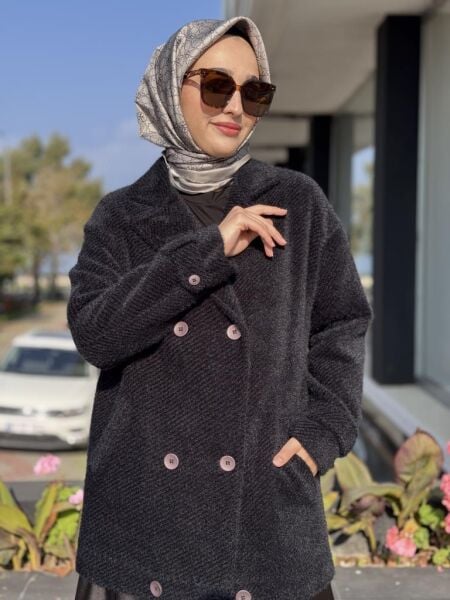 Tığ Triko Manşetleri Apoletli Kruvaze Kaban KBN2017 SİYAH - 1