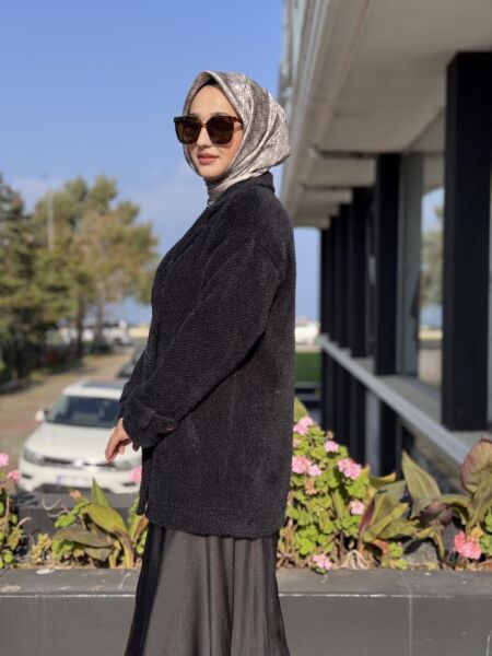 Tığ Triko Manşetleri Apoletli Kruvaze Kaban KBN2017 SİYAH - 2