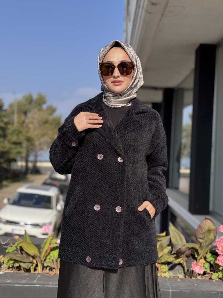 Tığ Triko Manşetleri Apoletli Kruvaze Kaban KBN2017 SİYAH - 2