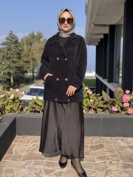 Tığ Triko Manşetleri Apoletli Kruvaze Kaban KBN2017 SİYAH - 2