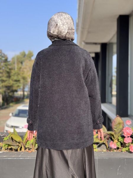 Tığ Triko Manşetleri Apoletli Kruvaze Kaban KBN2017 SİYAH - 3