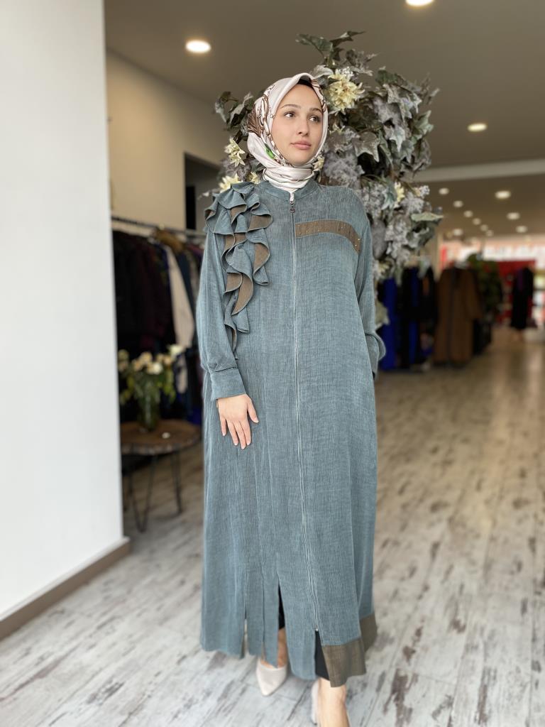 Almarwah Omuzu Fırfır Ve Taş Detaylı Fermuarlı Cupra İpek Kap 404886