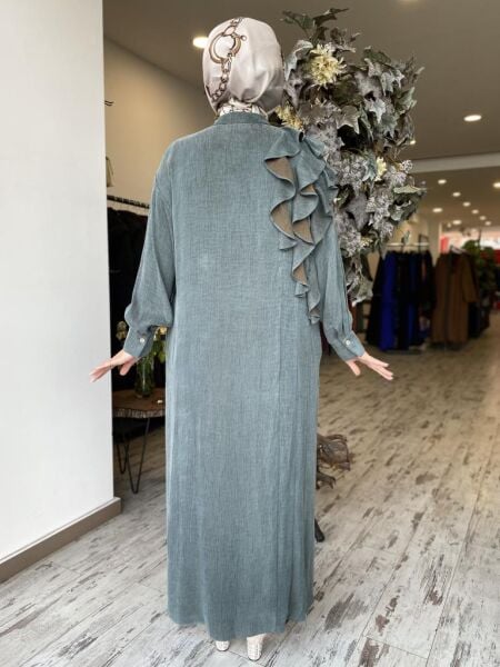 Almarwah Omuzu Fırfır Ve Taş Detaylı Fermuarlı Cupra İpek Kap 404886