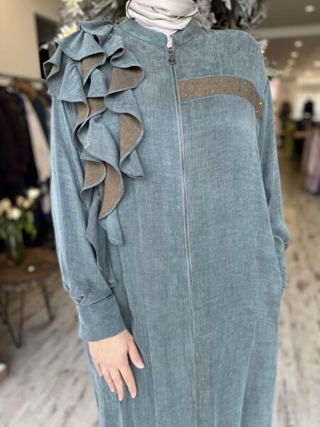 Almarwah Omuzu Fırfır Ve Taş Detaylı Fermuarlı Cupra İpek Kap 404886