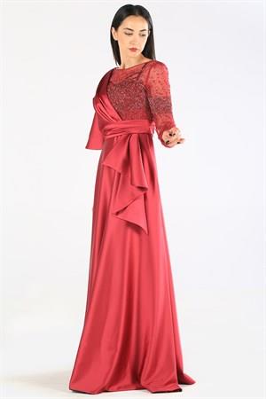 Kenzel Taş Detaylı Bordo Saten Tesettür Abiye Elbise (KENZEL-1001) BORDO - 42