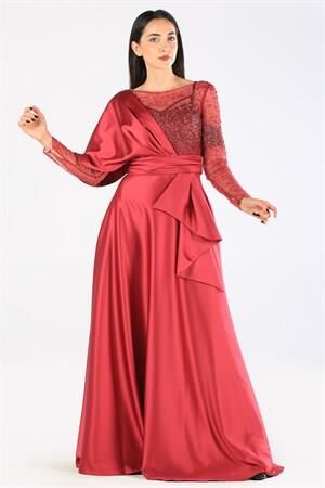 Kenzel Taş Detaylı Bordo Saten Tesettür Abiye Elbise (KENZEL-1001) BORDO - 42