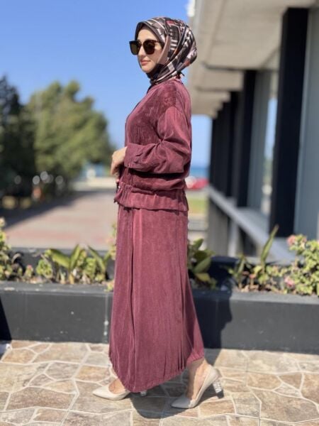 Ghisa Büzgü ve Nervür Detaylı Cupra Ceket Etek Takım 4046