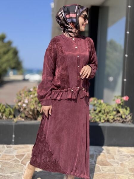 Ghisa Büzgü ve Nervür Detaylı Cupra Ceket Etek Takım 4046