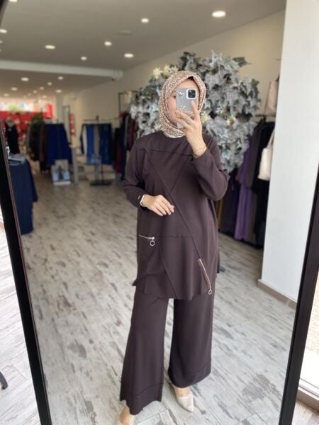 İNVEE Fermuar Detaylı Pamuk Tunik Pantolon Takım 7111