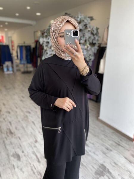 İNVEE Fermuar Detaylı Pamuk Tunik Pantolon Takım 7111