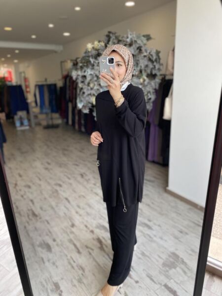 İNVEE Fermuar Detaylı Pamuk Tunik Pantolon Takım 7111 SİYAH - 1