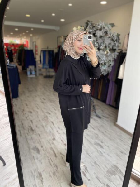 İNVEE Fermuar Detaylı Pamuk Tunik Pantolon Takım 7111 SİYAH - 1