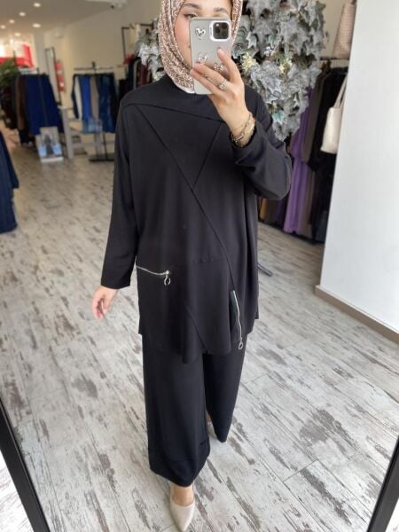 İNVEE Fermuar Detaylı Pamuk Tunik Pantolon Takım 7111 SİYAH - 1