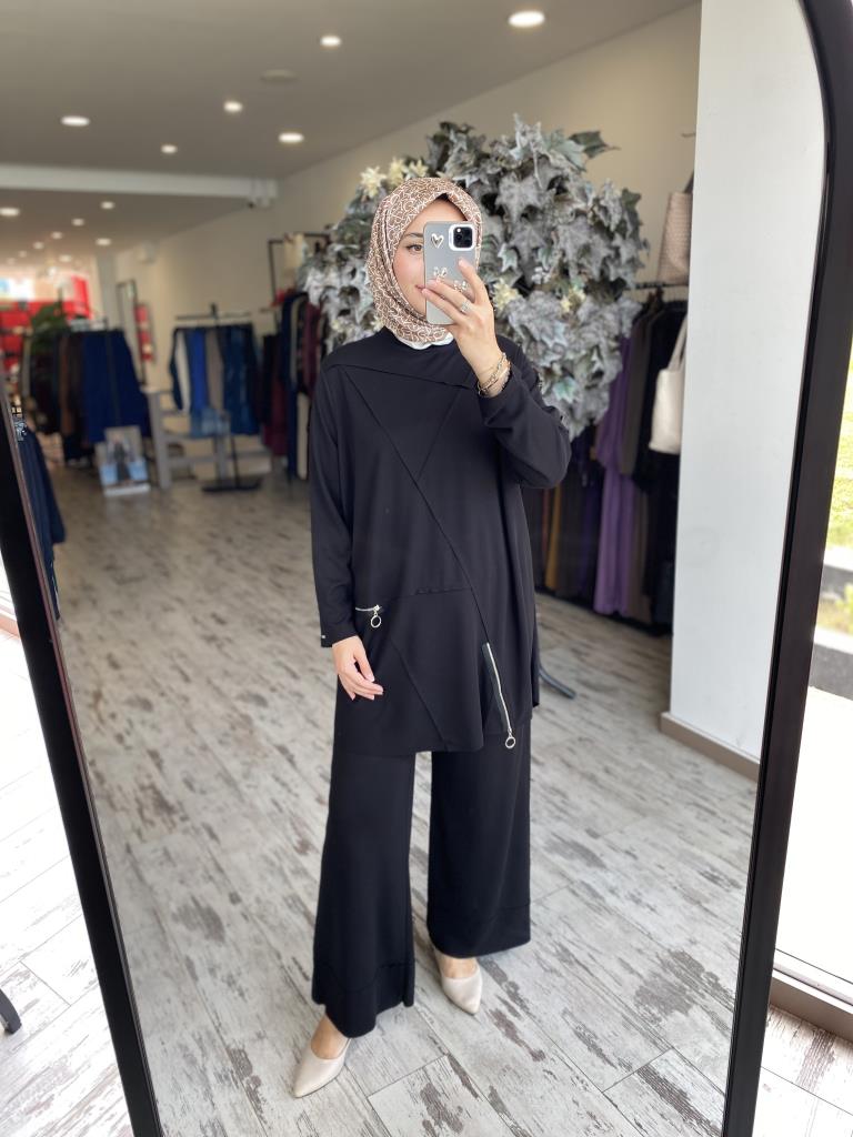 İNVEE Fermuar Detaylı Pamuk Tunik Pantolon Takım 7111 SİYAH - 1