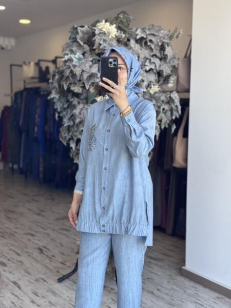 Tığ Triko Nakış Detaylı Gömlek Pantolon Takım TKM3077