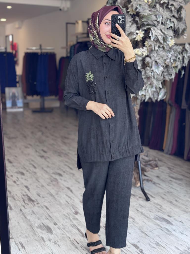 Tığ Triko Nakış Detaylı Gömlek Pantolon Takım TKM3077