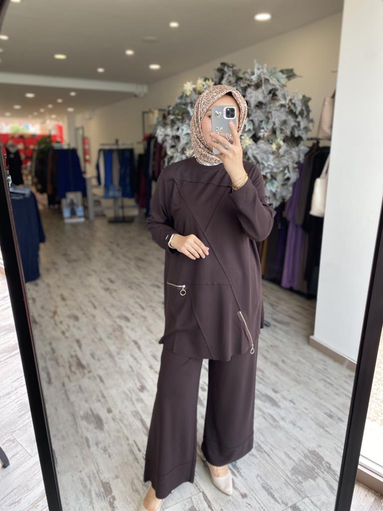 İNVEE Fermuar Detaylı Pamuk Tunik Pantolon Takım 7111 KAHVE - 1