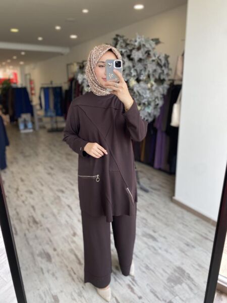 İNVEE Fermuar Detaylı Pamuk Tunik Pantolon Takım 7111 KAHVE - 1