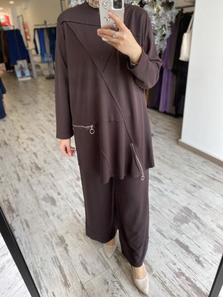 İNVEE Fermuar Detaylı Pamuk Tunik Pantolon Takım 7111 KAHVE - 1