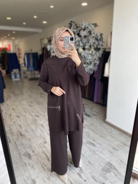İNVEE Fermuar Detaylı Pamuk Tunik Pantolon Takım 7111 KAHVE - 2