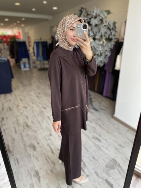 İNVEE Fermuar Detaylı Pamuk Tunik Pantolon Takım 7111 KAHVE - 2