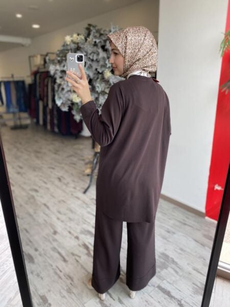 İNVEE Fermuar Detaylı Pamuk Tunik Pantolon Takım 7111 KAHVE - 2