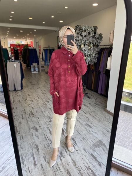 İnvee Çiçek Desenli Tunik 7109 BORDO