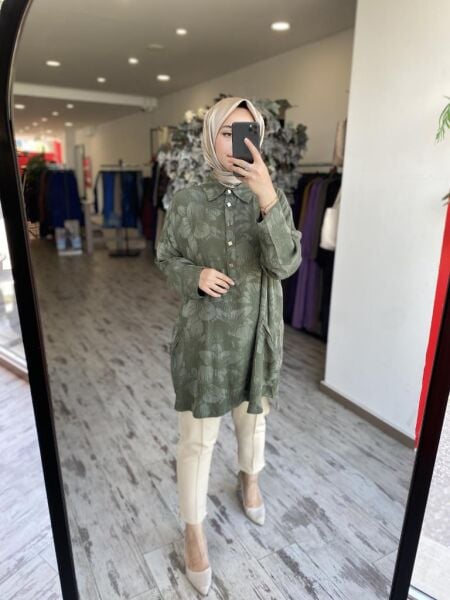 İnvee Çiçek Desenli Tunik 7109 HAKİ