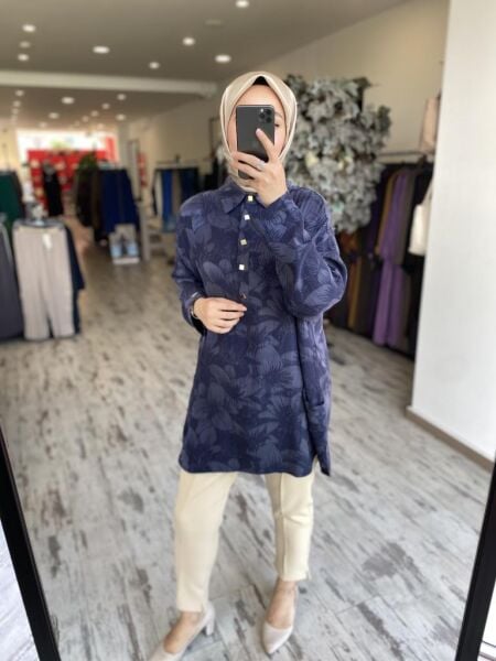 İnvee Çiçek Desenli Tunik 7109 LACİVERT
