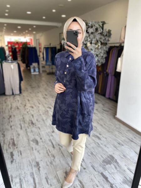 İnvee Çiçek Desenli Tunik 7109 LACİVERT