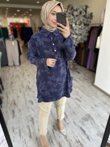 İnvee Çiçek Desenli Tunik 7109 LACİVERT