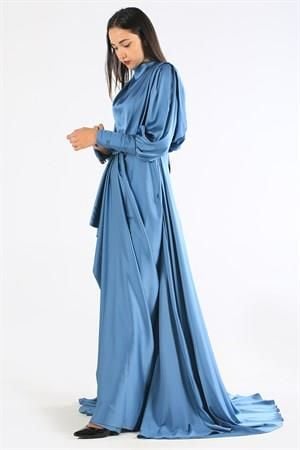 Kenzel Saten İndigo Tesettür Abiye Elbise (KENZEL1103)