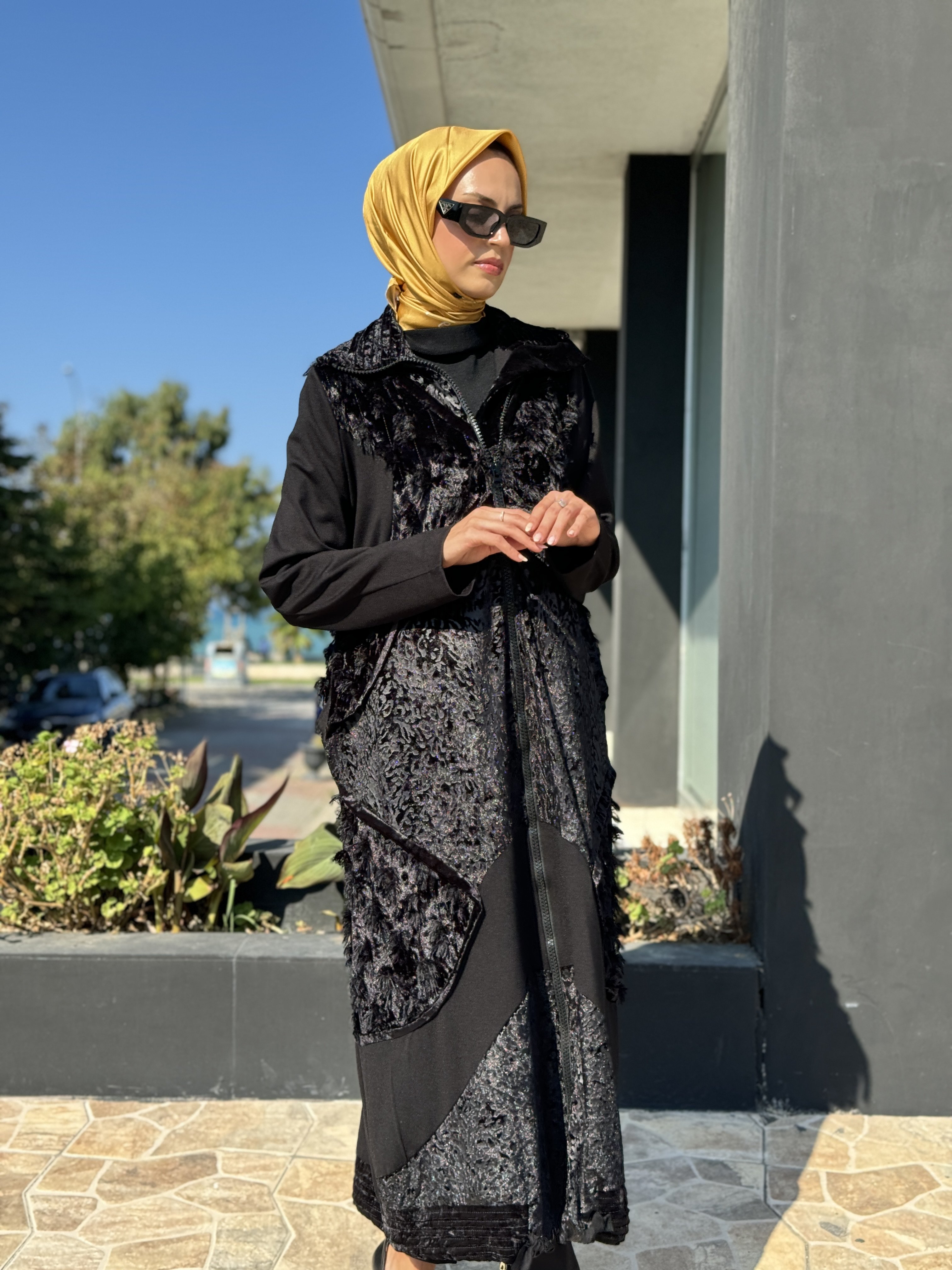 Misswhence Kadife Patchwork Siyah Pardesü 36410