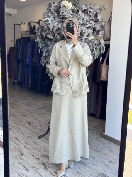 Tığ Triko Beyaziş Nakışlı Keten Kruvaze Ceket Etek Takım TKM3087