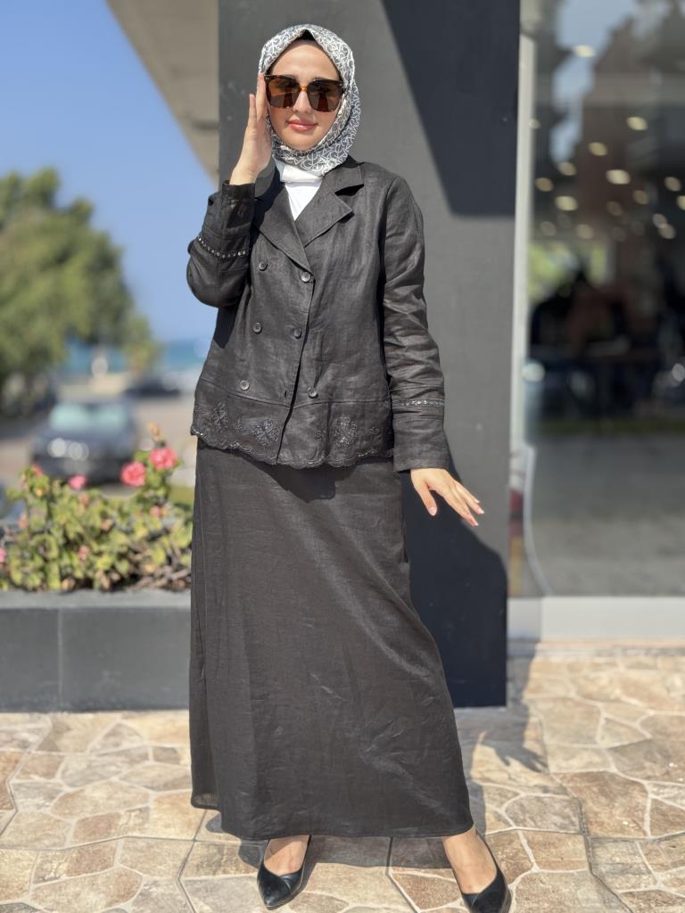 Tığ Triko Beyaziş Nakışlı Keten Kruvaze Ceket Etek Takım TKM3087