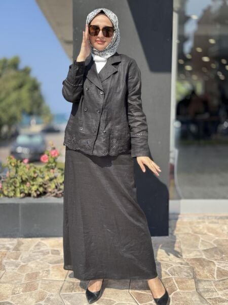 Tığ Triko Beyaziş Nakışlı Keten Kruvaze Ceket Etek Takım TKM3087