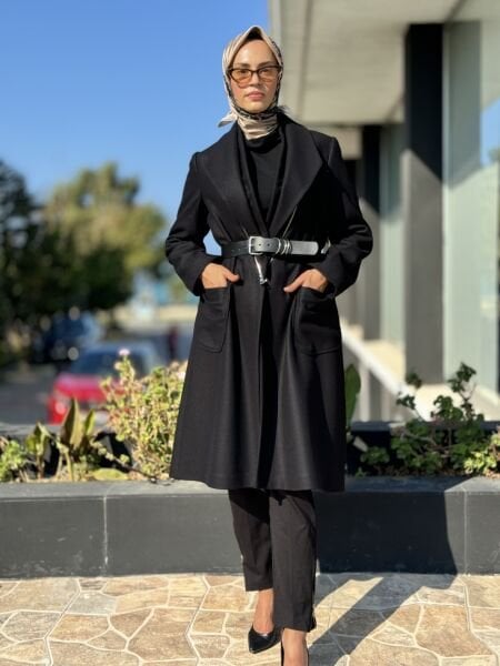 Misswhence Fermuar Detaylı Kemerli Kaşe Kap 36411 SİYAH - 38