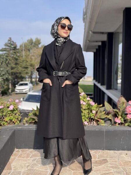 Misswhence Fermuar Detaylı Kemerli Kaşe Kap 36411 SİYAH - 38